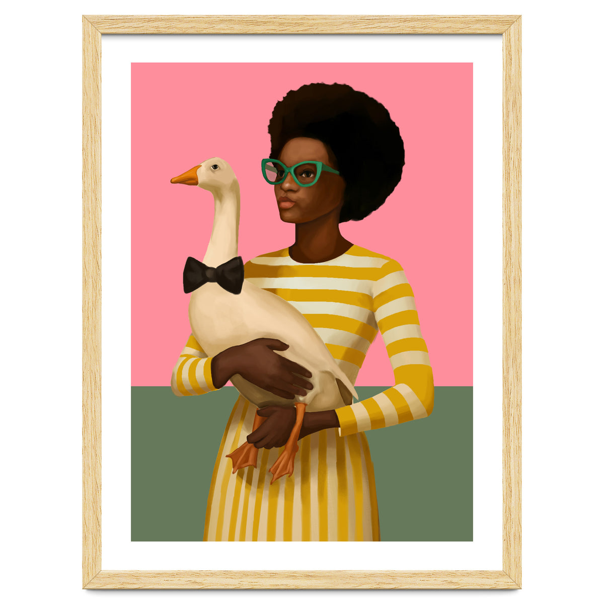 Stylish Woman Holding Goose In Striped Dress
