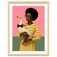 Stylish Woman Holding Goose In Striped Dress