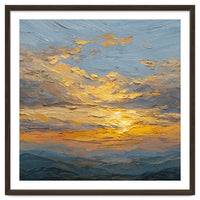 Atmospheric Golden Sunset Impasto Oil Painting Featuring Textured Clouds