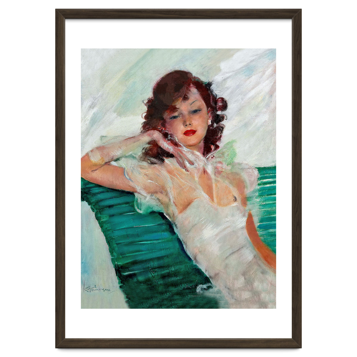 Girl Is Resting On A Green Bench, Watercolor Painting