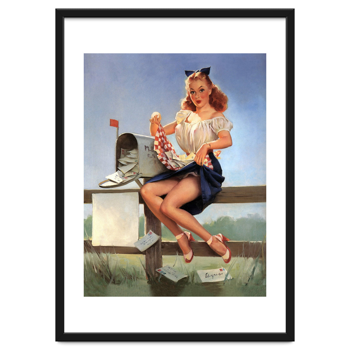 Countryside Pinup Girl Posing On A Fence With Love Letters And A Full Mailbox