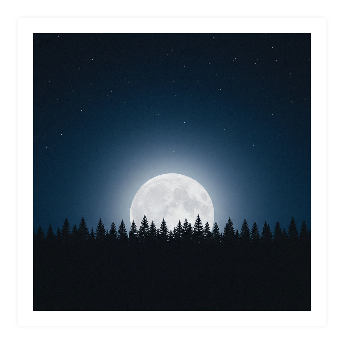 Midnight Serenity: Full Moon Over Forest Silhouettes (Print Only)