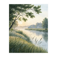 Serene River Sunrise Watercolor Painting with Meadow Grasses and Warm Golden Atmosphere Landscape (Print Only)