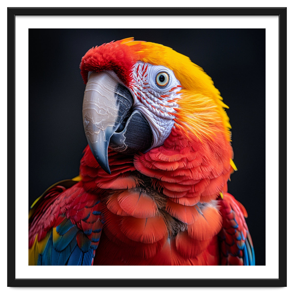 Scarlet Macaw Parrot Head Detailed Portrait Black