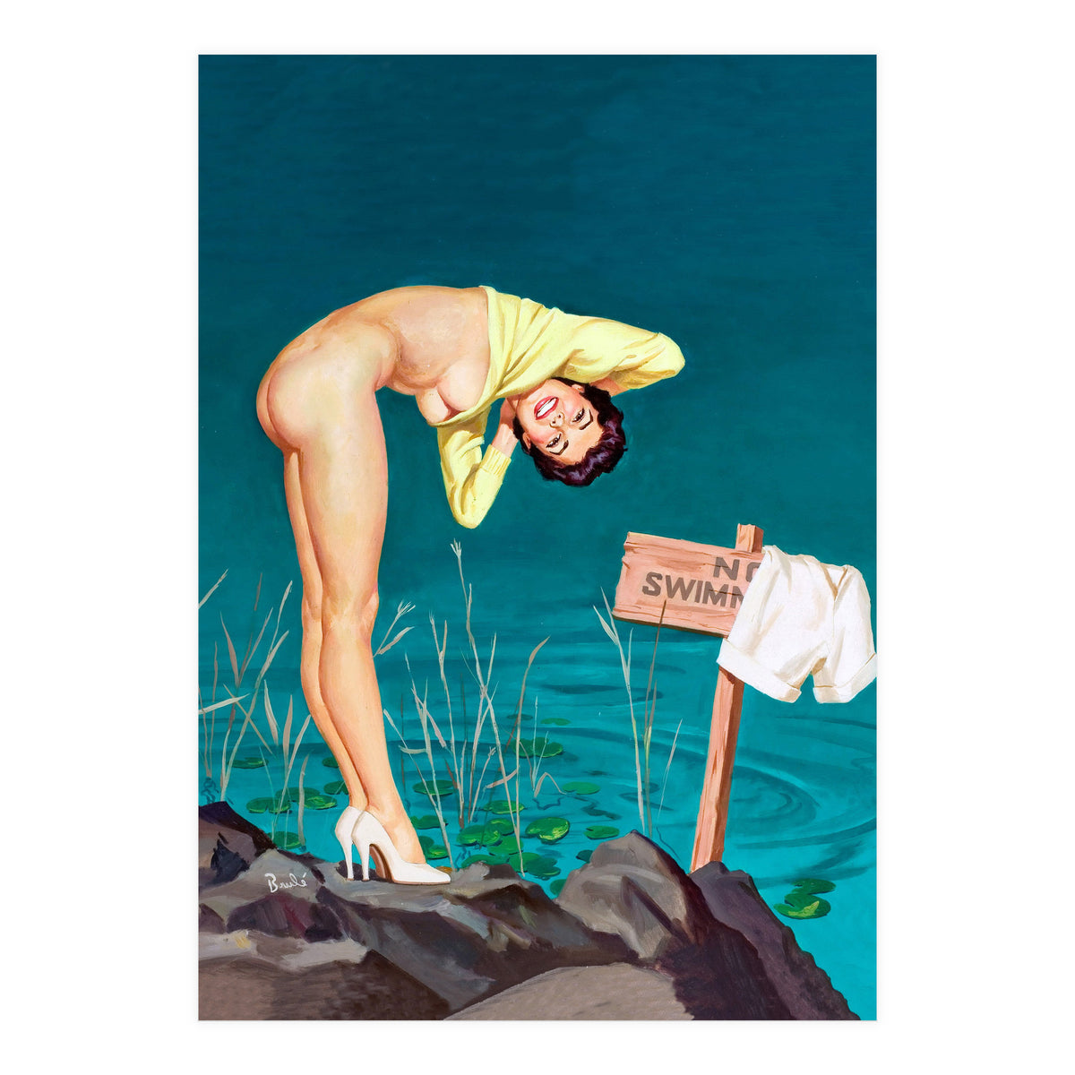 Sexy Pinup Girl With No Swimming Sign (Print Only)