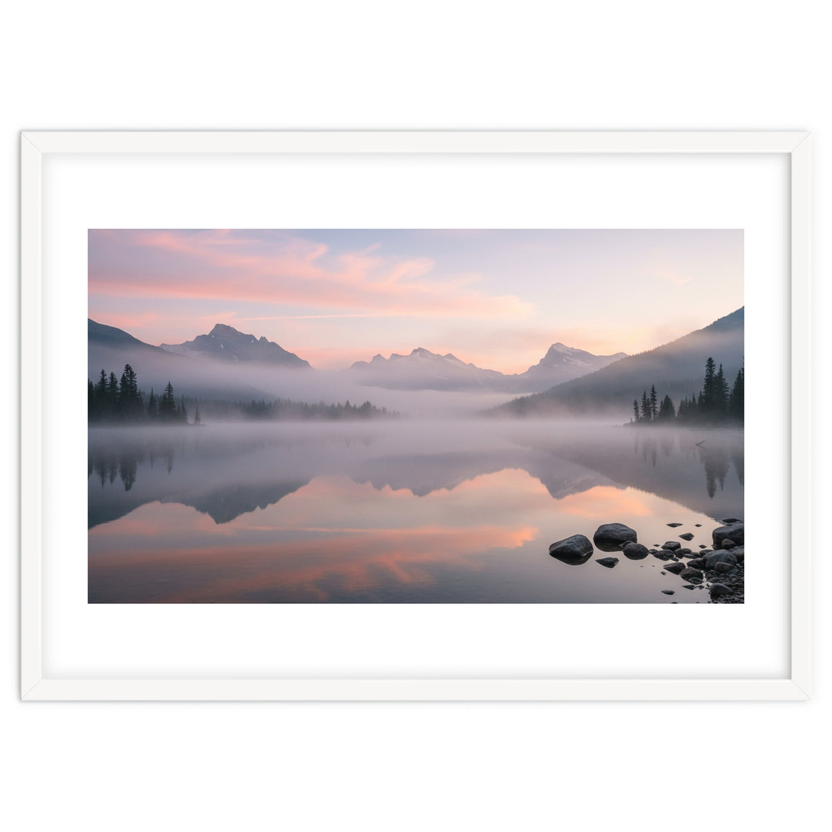Misty Morning Reflection: Serene Alpine Lake