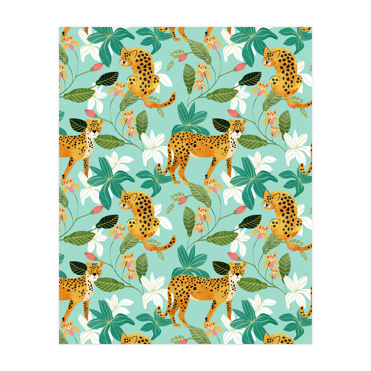 Cheetah Jungle, Wildlife Nature Wild Cats Tigers Leopard Botanical Animals Mint Quirky Illustration (Print Only)