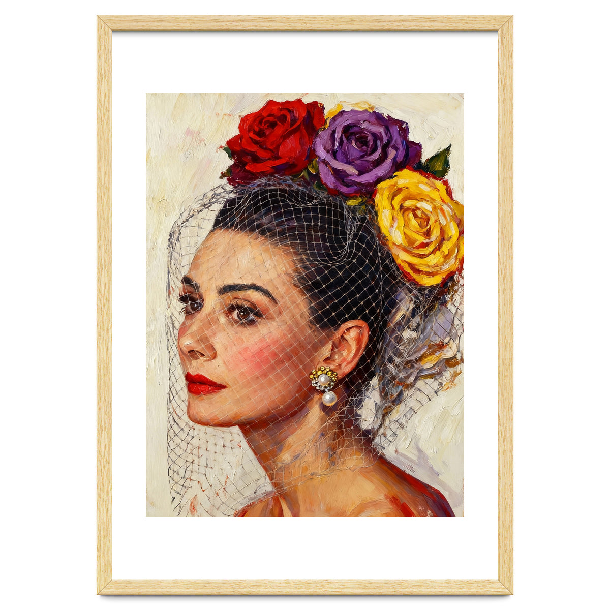 Audrey Hepburn, Impasto Floral Veil Portrait, Classic Hollywood Oil Painting,