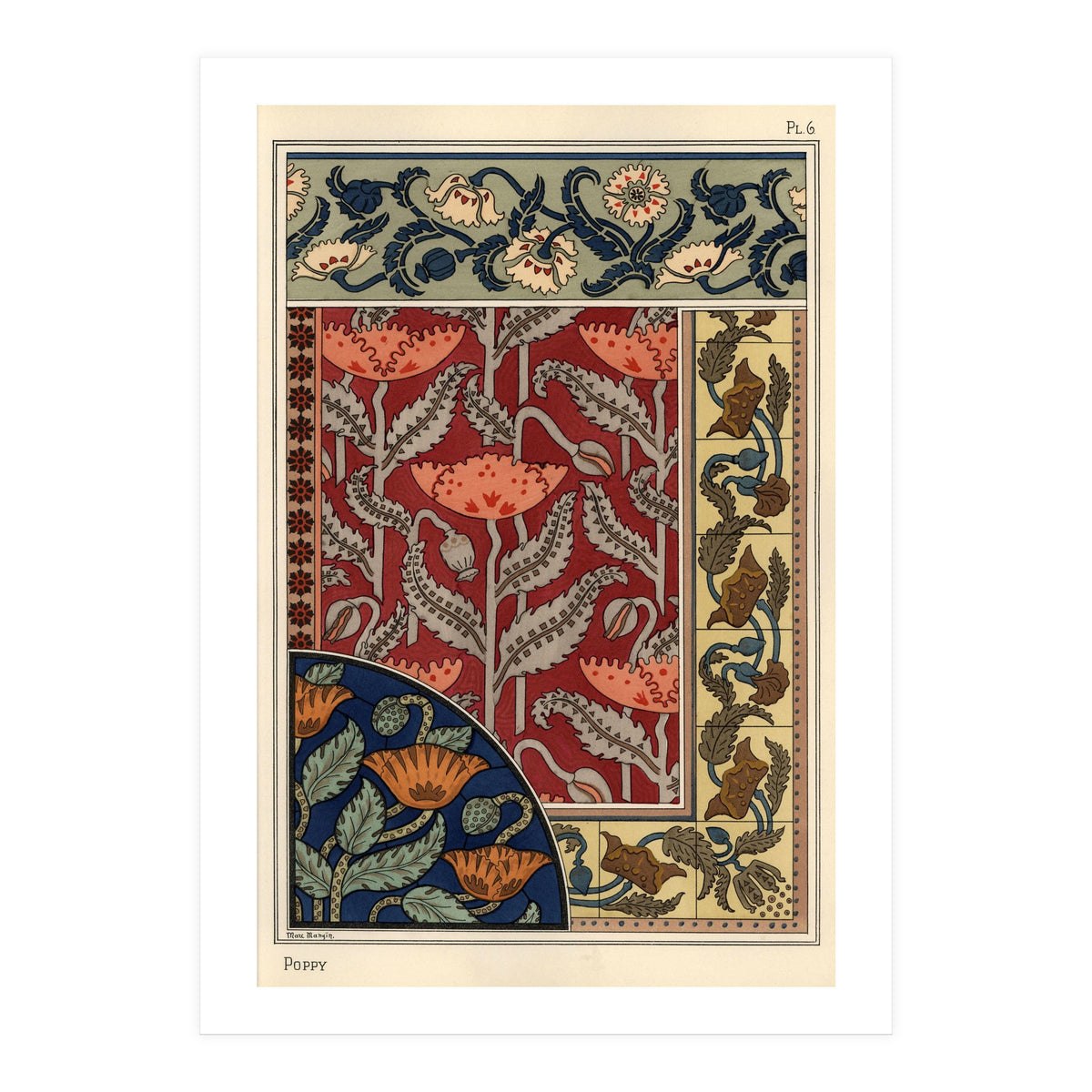 The poppy, Papaver somniferum, in stained glass, wallpaper, fabric and tile patterns. Lithograph ... (Print Only)
