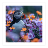 Puffin Bird Among Vibrant Purple And Orange Flowers (Print Only) thumbnail