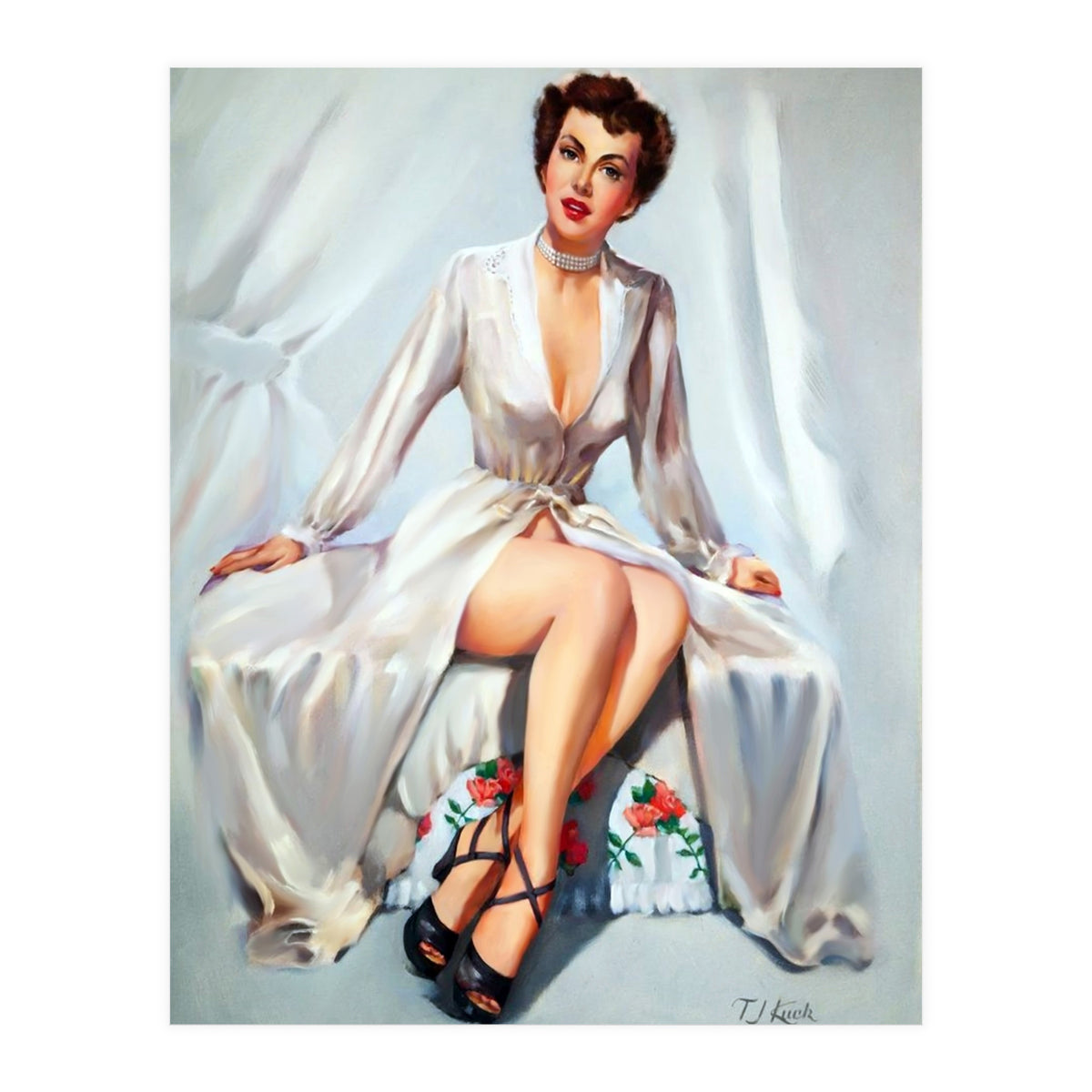 Beautiful Sexy Pinup In Posing Long White Dress (Print Only)