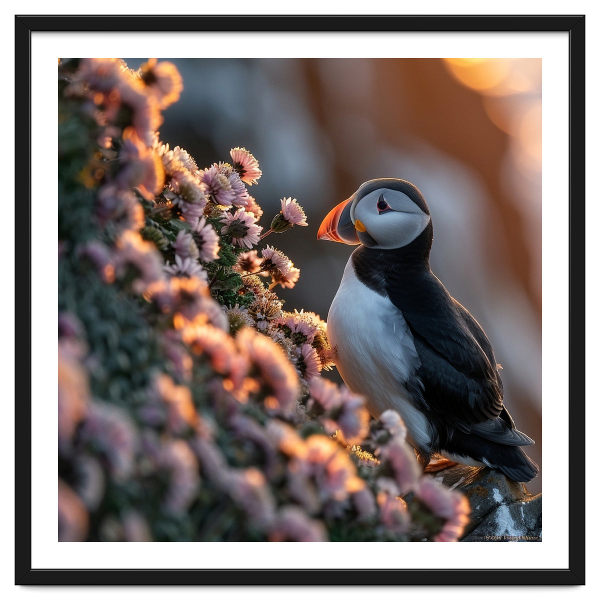 Puffin Bird On Rocks Near Pink Flowers At Sunset