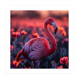 Pink Flamingo Bird Standing Among Flowers At Sunset (Print Only) thumbnail