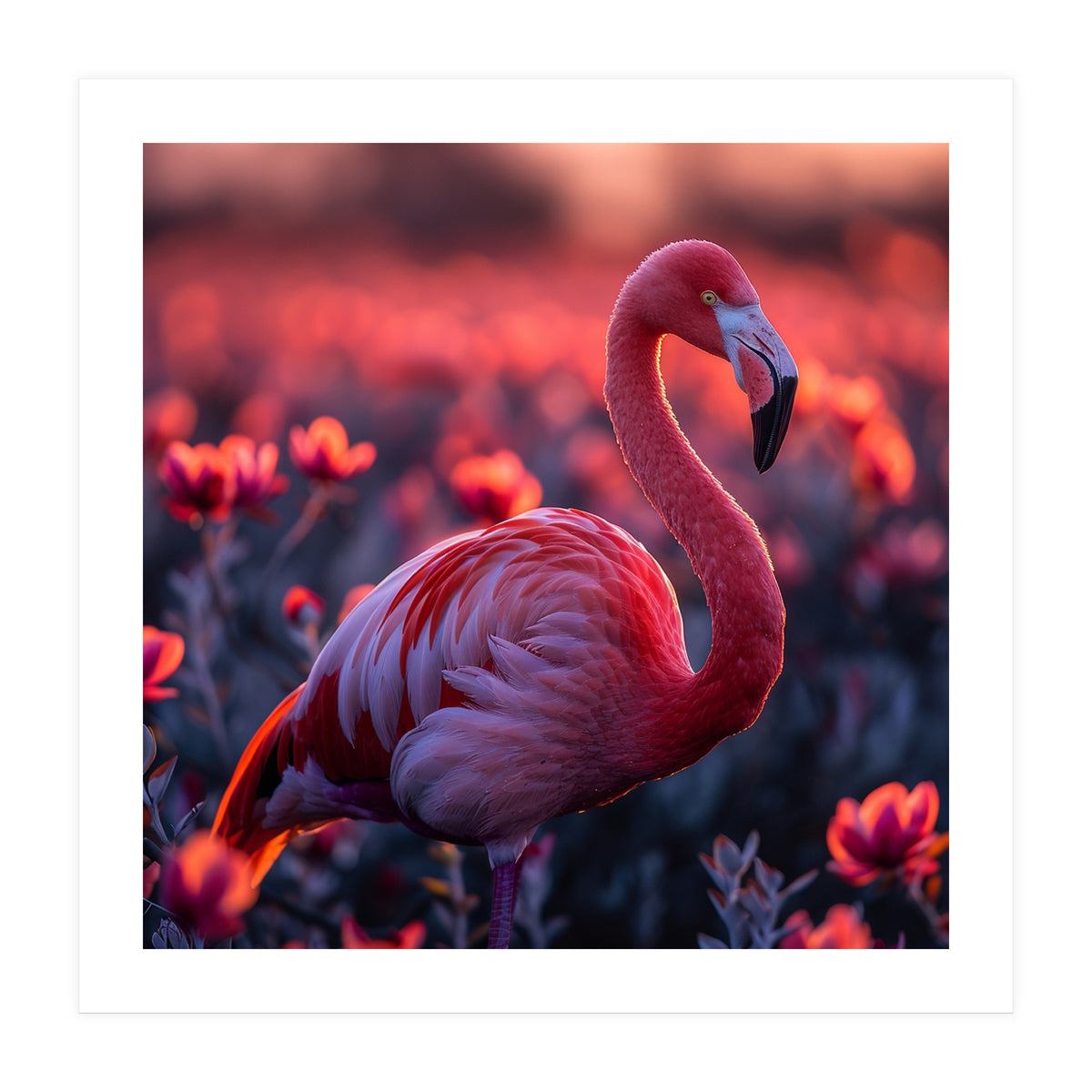 Pink Flamingo Bird Standing Among Flowers At Sunset (Print Only)