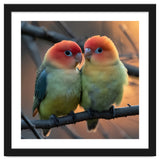 Two Lovebirds Perched On A Branch At Sunset thumbnail