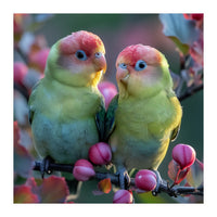Two Lovebirds On A Branch Surrounded By Berries (Print Only)