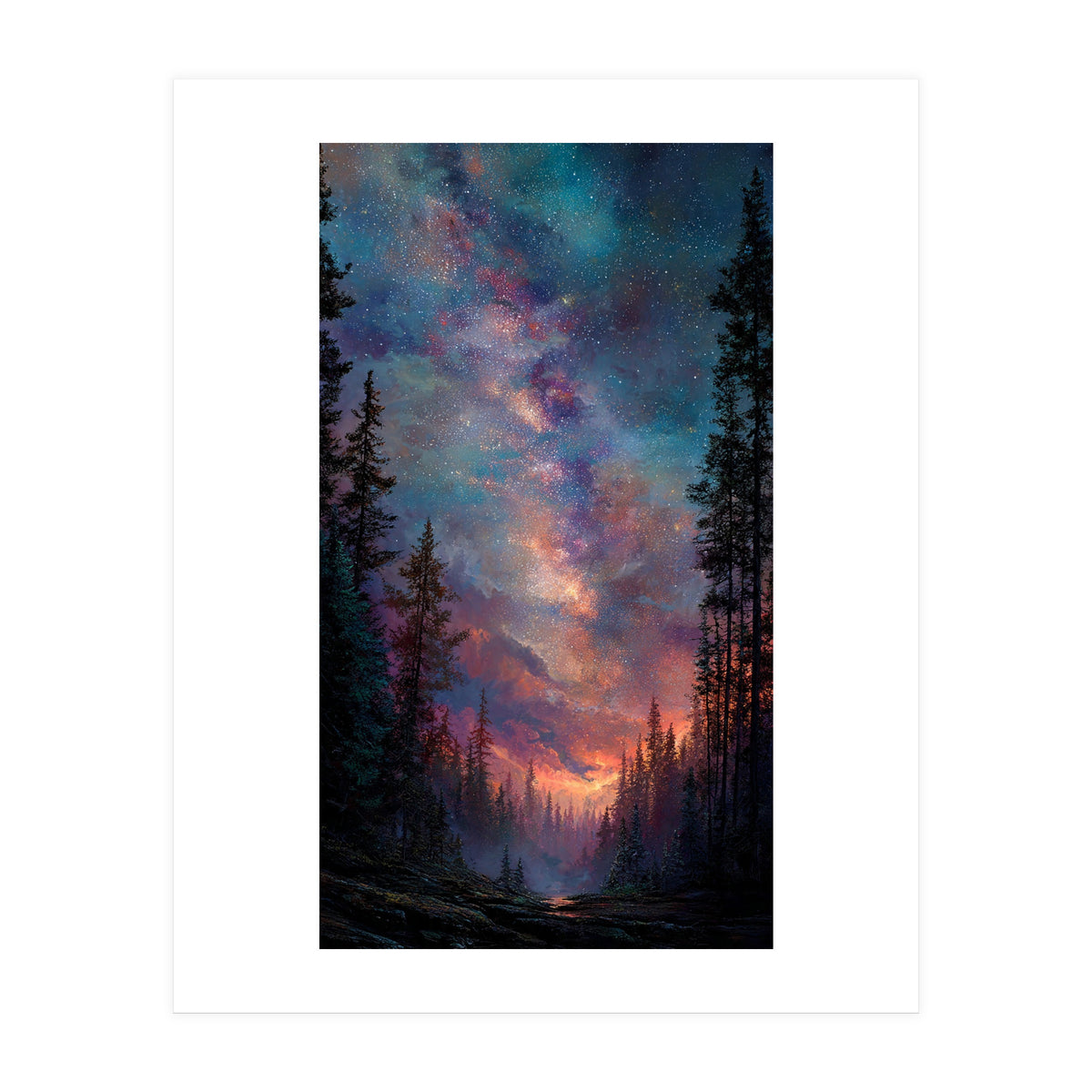 Magical Milky Way Night Sky over Pine Forest Silhouette Art (Print Only)