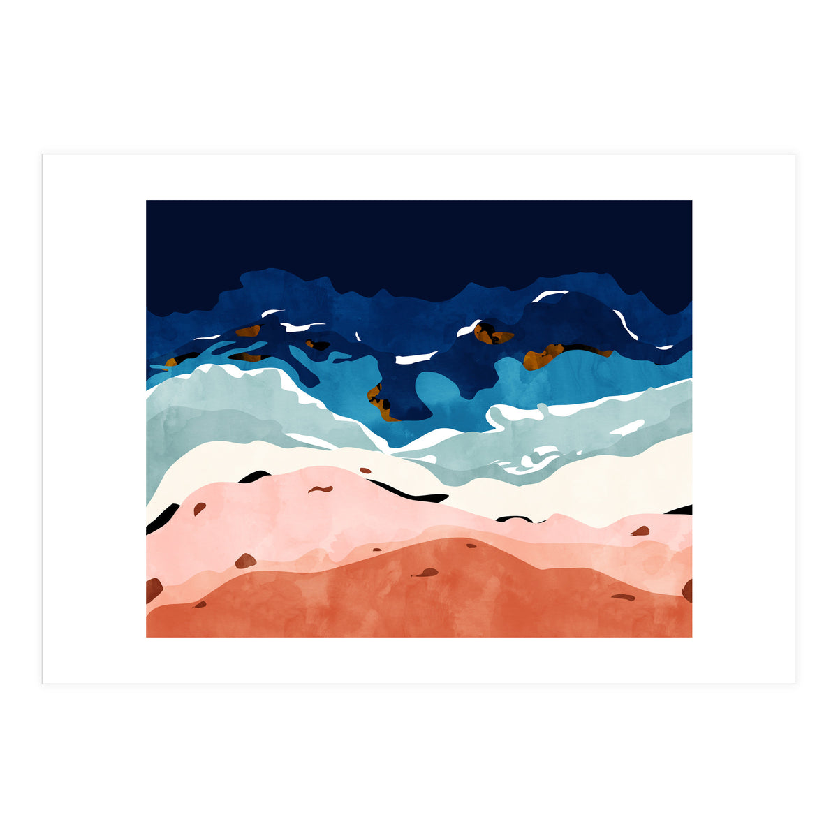 Ocean Heart, Abstract Sea Waves, Tropical Travel Watercolor Painting, Eclectic Bohemian Beach Nature (Print Only)