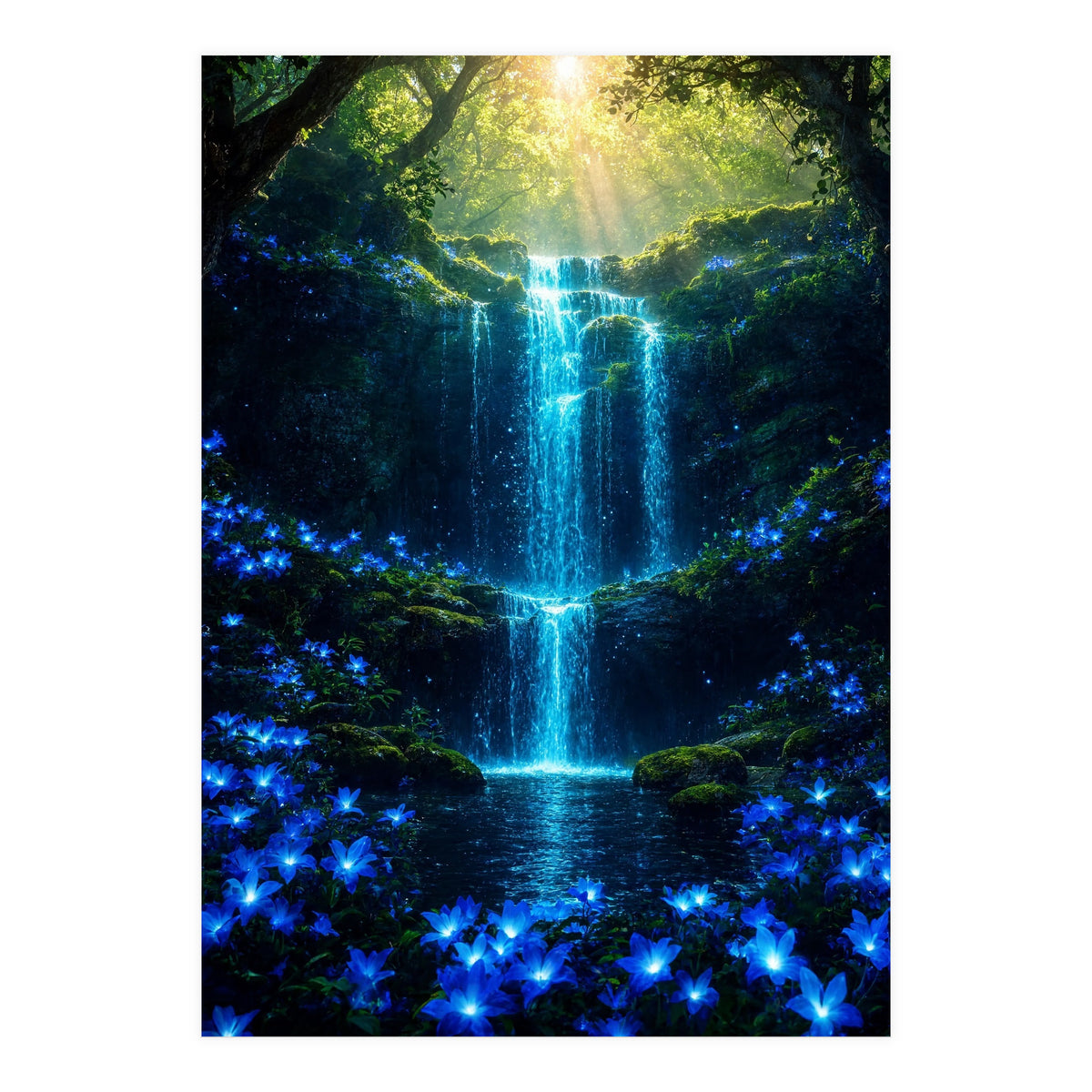 Ethereal Blue Waterfall: Magical Forest Oasis (Print Only)