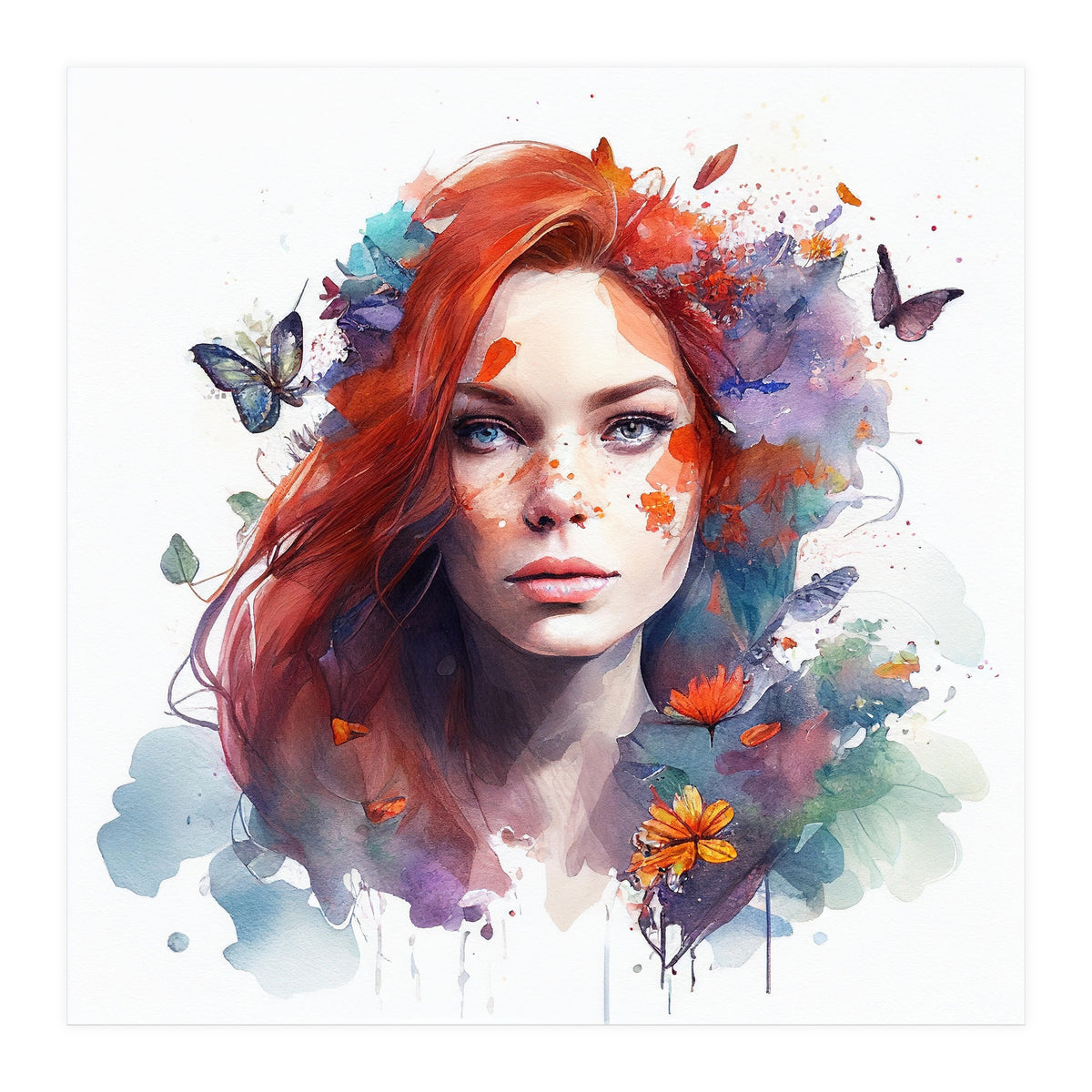 Watercolor Floral Red Hair Woman #3 (Print Only)