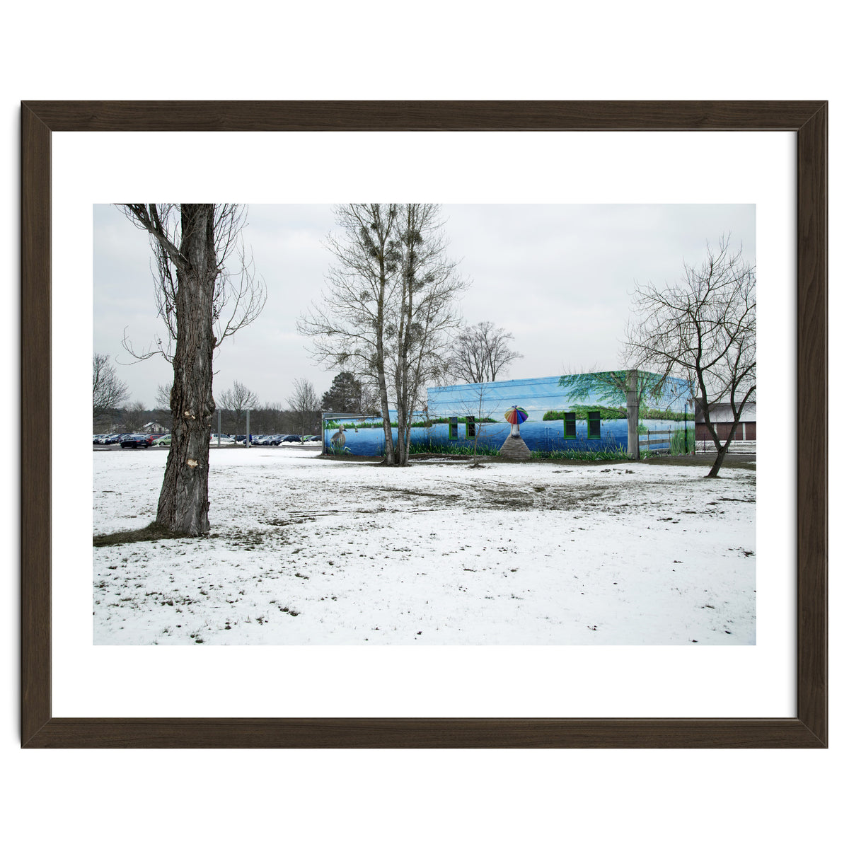Colorful barn in the snowy ground landscape