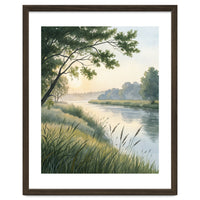 Serene River Sunrise Watercolor Painting with Meadow Grasses and Warm Golden Atmosphere Landscape