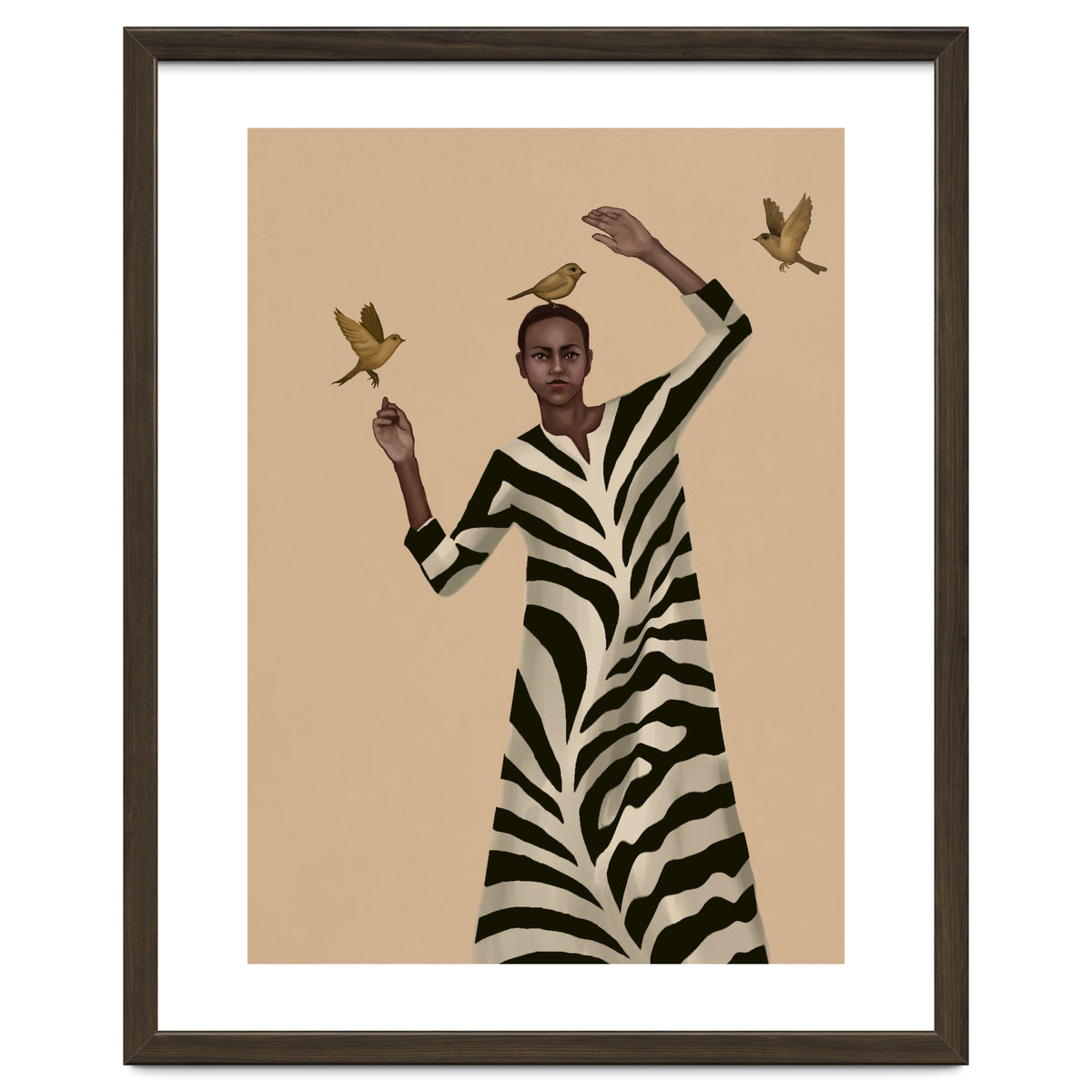 Woman With Birds And Zebra Pattern Dress