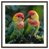 Lovebirds Perched Together On Mossy Branch thumbnail