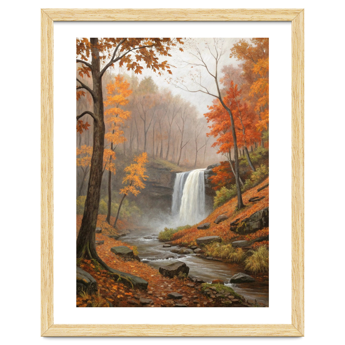Serene Autumn Waterfall in Misty Forest