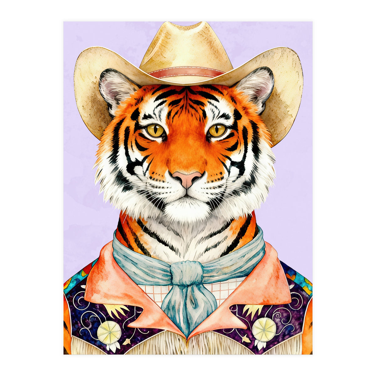 Tiger Portrait in Hat Wild Cowboy Fashion  (Print Only)