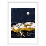 Midnight Lake, Stork Wildlife Animals Abstract Painting, Nature Landscape Travel Adventure Full Moon Night, Eclectic Gold Birds Magical Bohemian thumbnail