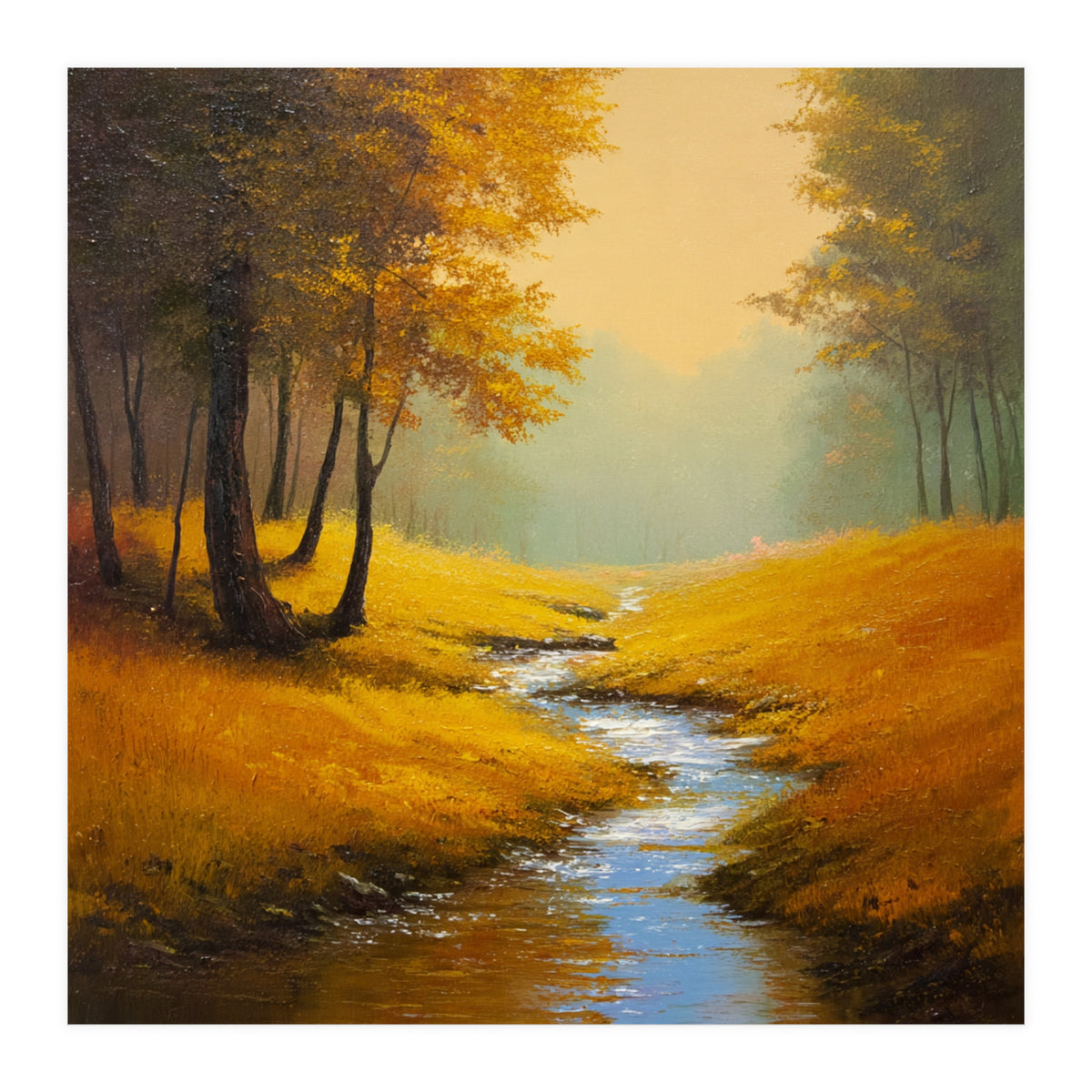 Golden Autumn Forest Path with Winding Creek (Print Only)