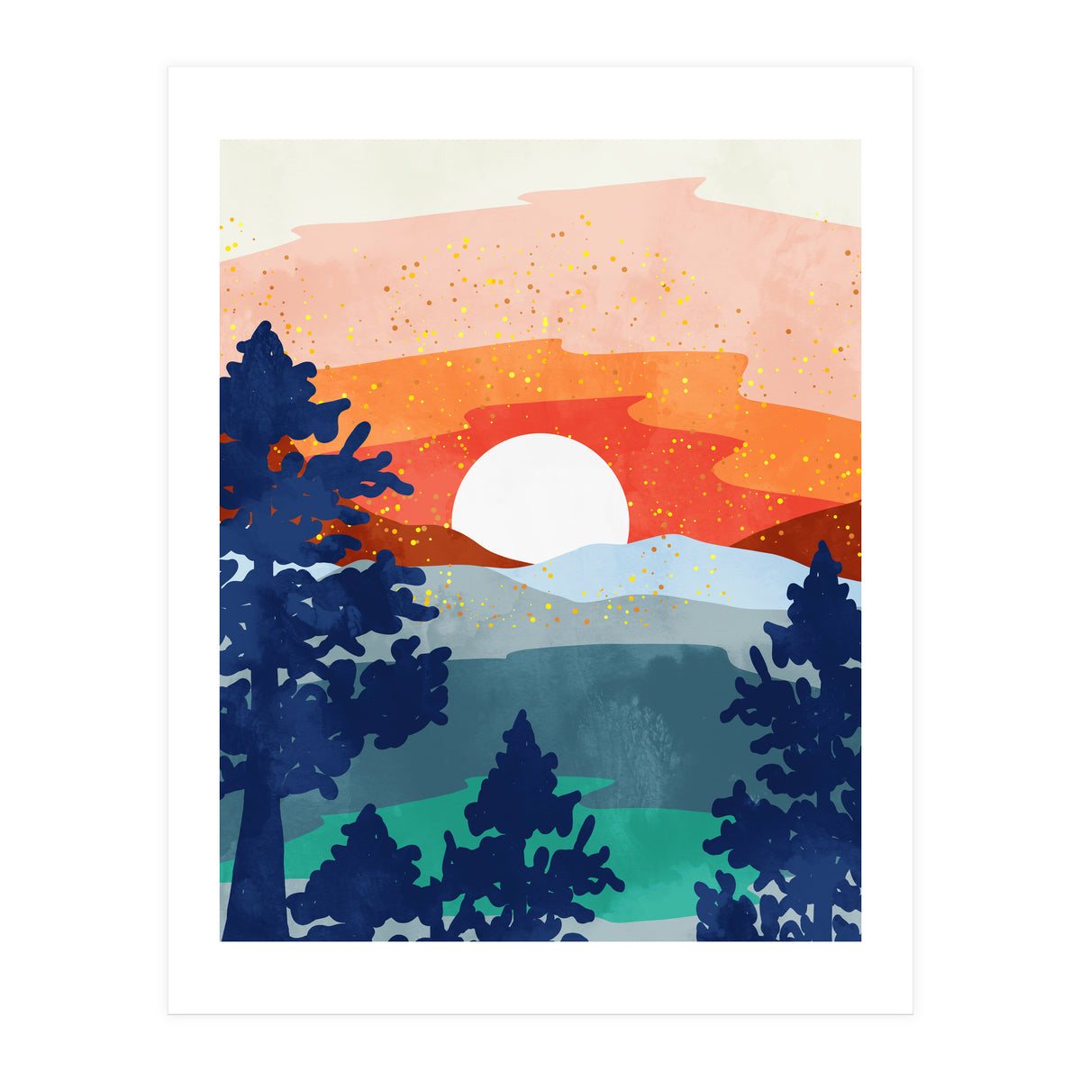 A Magical Sunset, Landscape Nature Illustration, Minimal Bohemian Painting, Mountains Adventure Travel (Print Only)