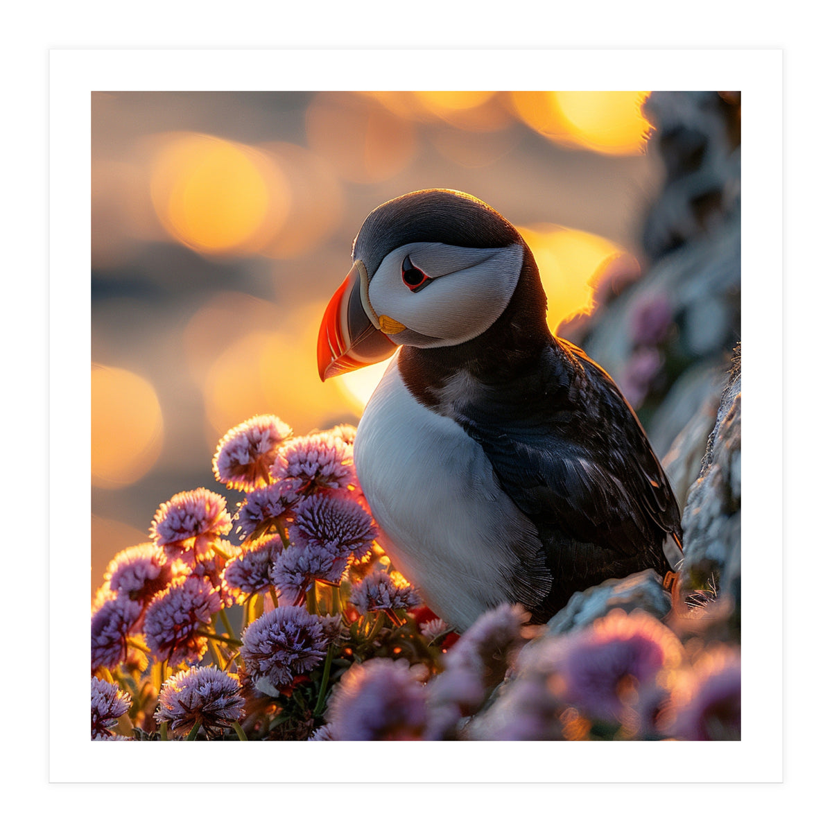 Puffin Bird Amidst Purple Flowers Golden Hour (Print Only)