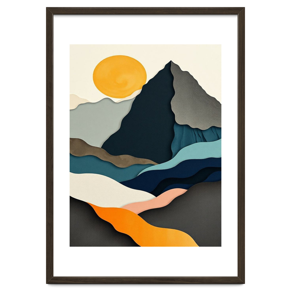 Minimalist Layered Mountain Landscape with Golden Sun