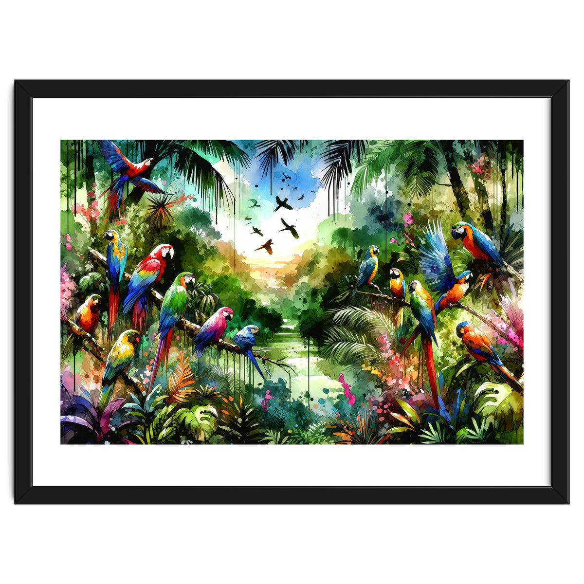 Watercolor Tropical Birds In The Jungle
