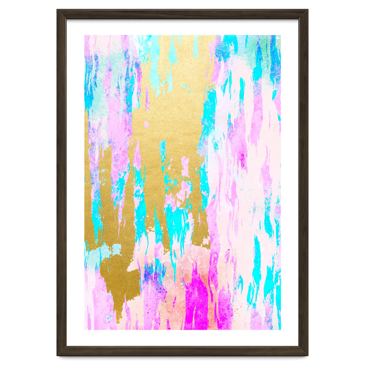 Meraki, Abstract Gold Painting, Colorful Graphic Design, Golden Pink Blue Eclectic Luxe Illustration