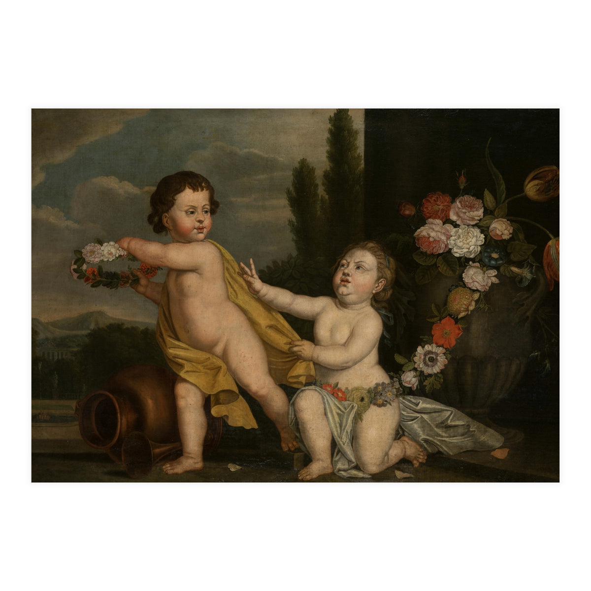 German Master (18th Century) – Two Putti with Garlands of Flowers (Print Only)