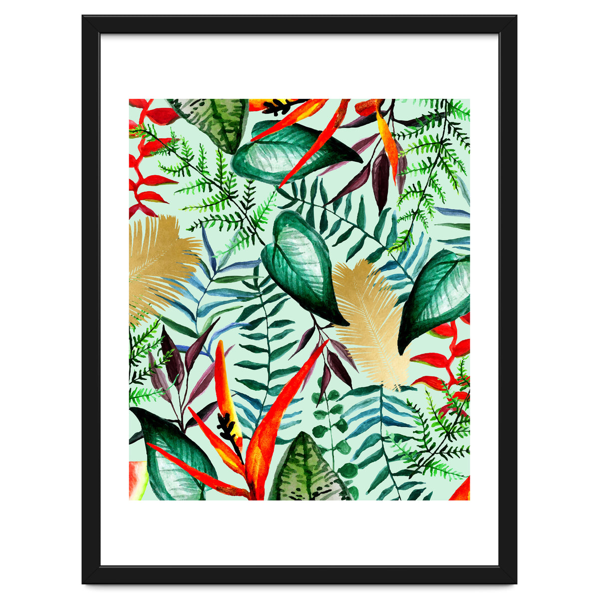 Paradise, Tropical Jungle Botanical Bohemian Illustration, Palm Bird of Paradise Gold Painting