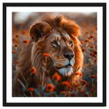Majestic Lion Resting Among Orange Flowers thumbnail