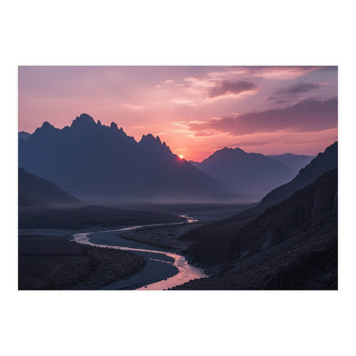 Crimson Sunset Valley: Serene Mountain Vista (Print Only)