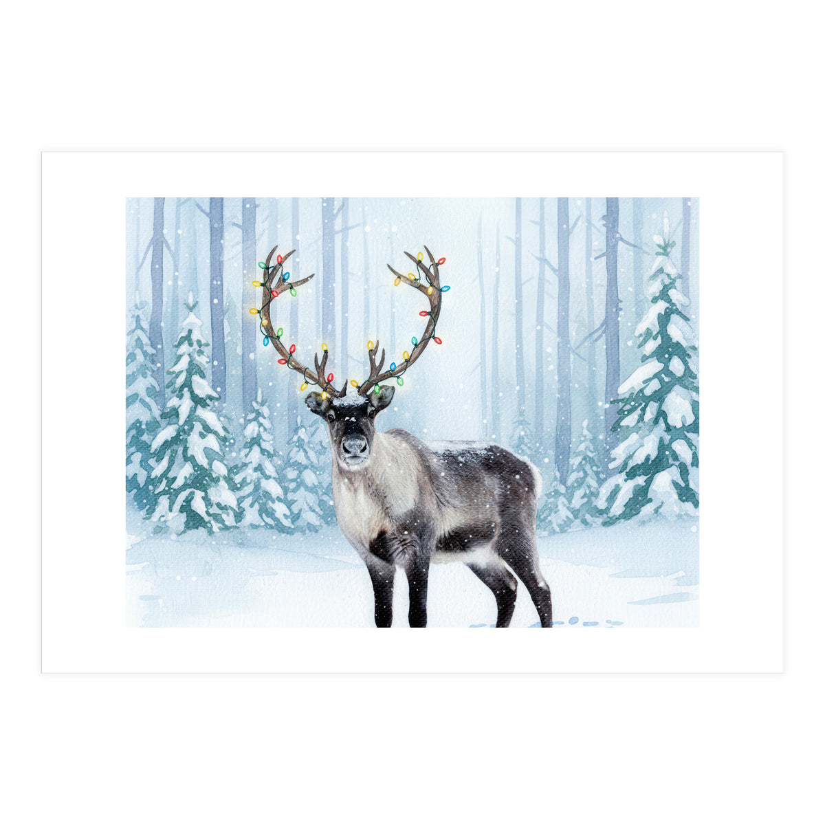 Reindeer with Christmas Lights, Deer Magical Winter Art  (Print Only)