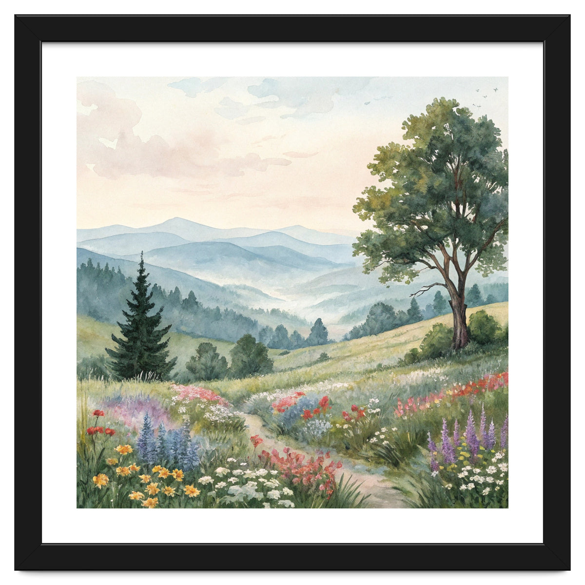 Serene Mountain Meadow Watercolor Landscape