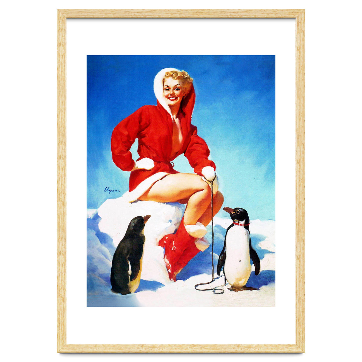 Pinup Sexy Woman Posing With Two Penguins