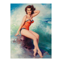 Pinup Girl Posing In Front Of Big Waves On The Beach (Print Only)