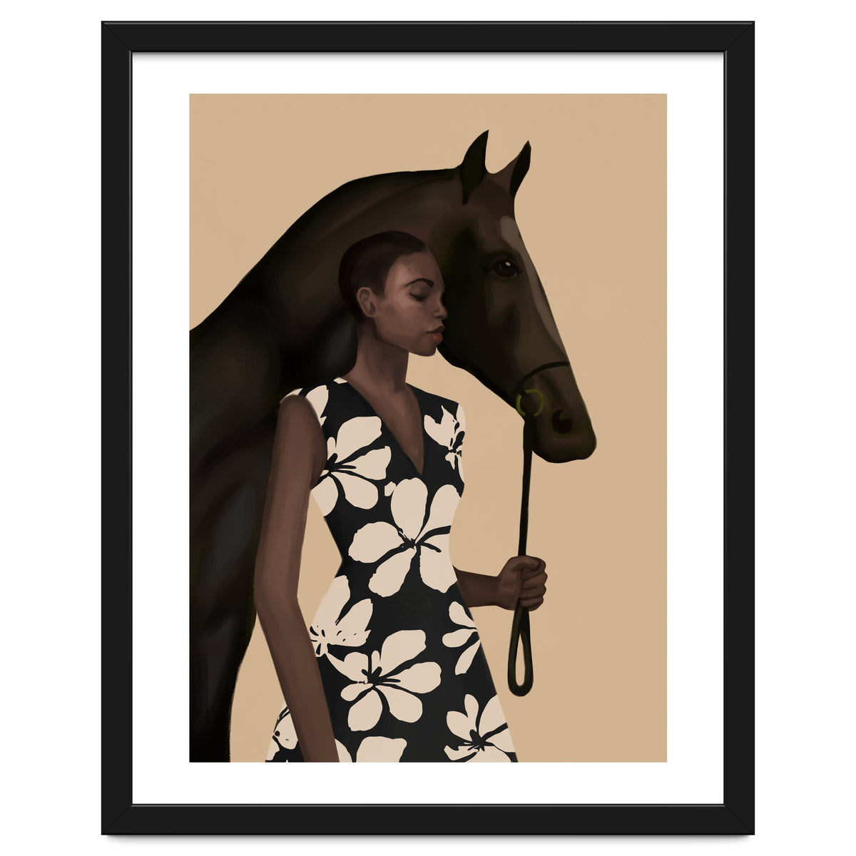 Woman In Bold Print With Black Horse
