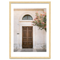 Mediterranean brown wooden door and pink flowers
