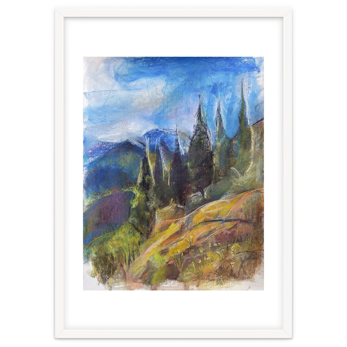 Pastel drawing of an Alpine Pine Forest