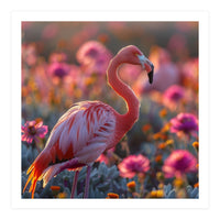Pink Flamingo Standing In A Field Of Flowers (Print Only)