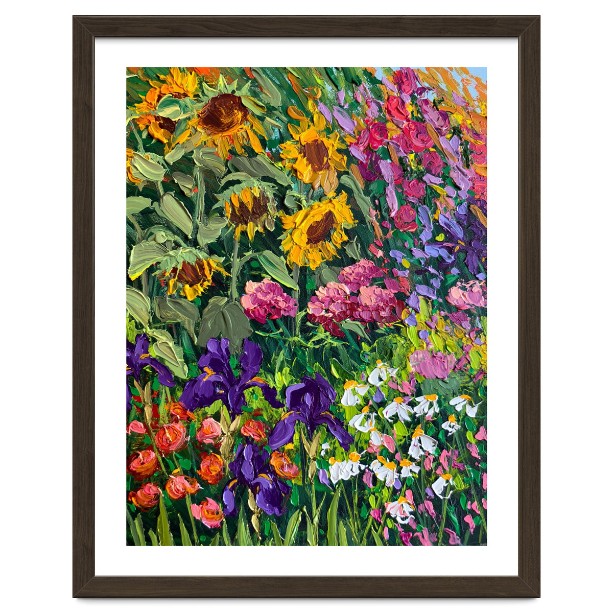Vibrant Summer Sunflower and Iris Meadow Oil Painting